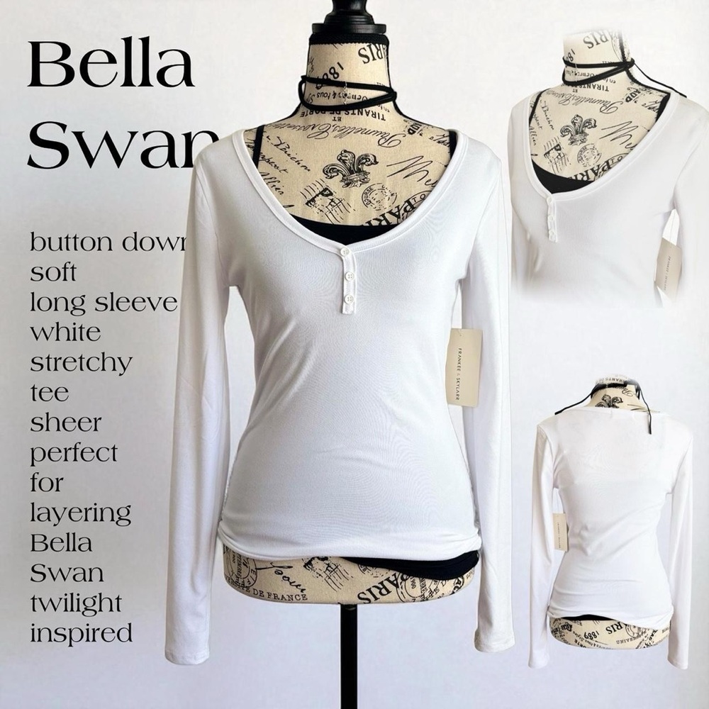 white long sleeve button down top with V-neck